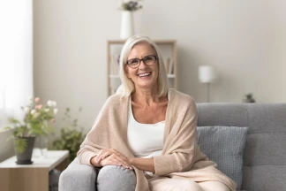Woman smiling in a customer testimonial section